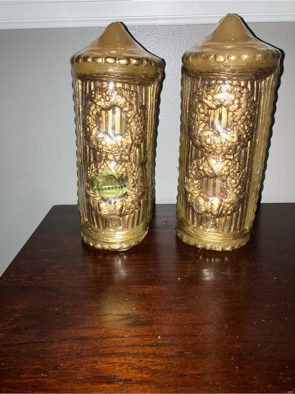 Vintage Luminaire Gold Decorative Pillar candle- The Home Accents